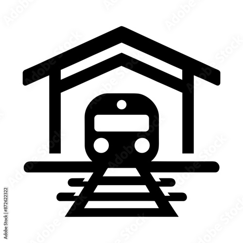 This Icon, In Monochrome Black, Represents A Train Station, Ideal For Rail Transit And Transport Applications With A White Backdrop.