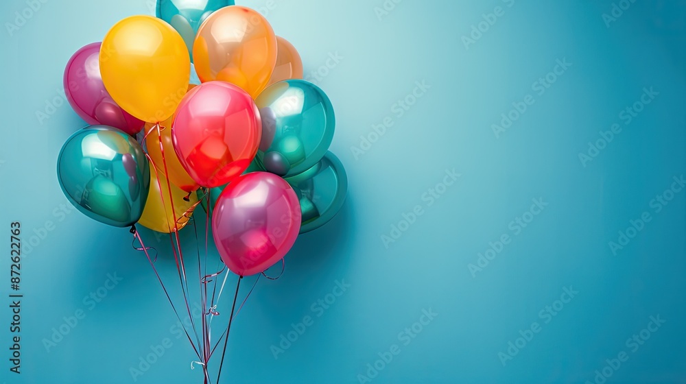 Festive balloons on blue blank background with copy space area Festive balloons on blue blank background with copy space area