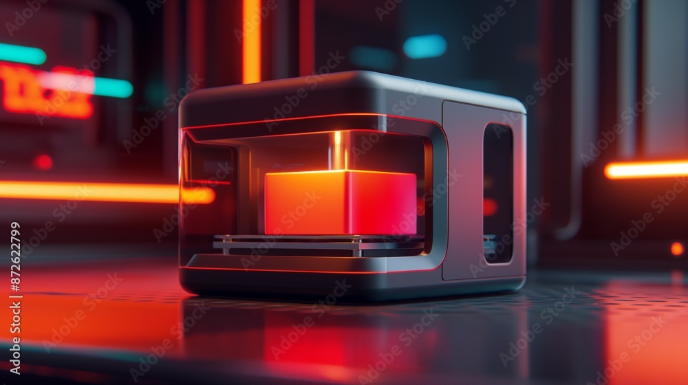 3d printer creating a red cube in a futuristic setting. 3d printer creating a red cube in a futuristic setting.