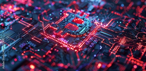 Closeup of a Bitcoin Symbol Illuminated on a Circuit Board