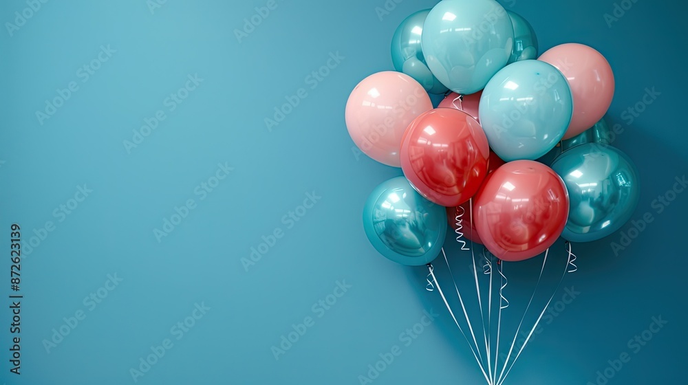 Festive balloons on blue blank background with copy space area Festive balloons on blue blank background with copy space area