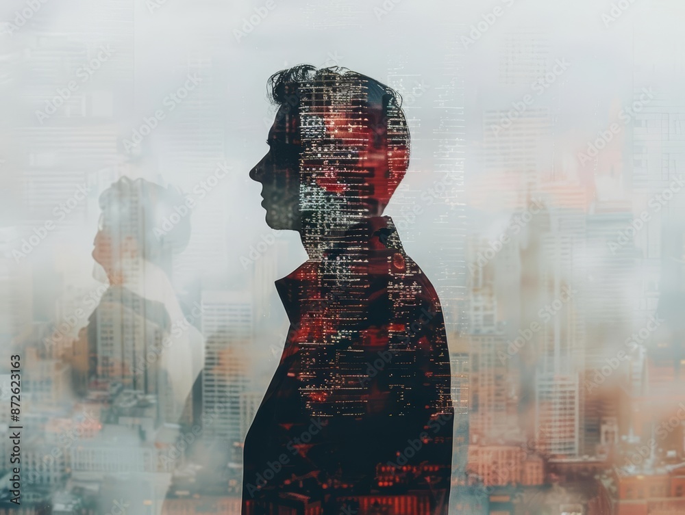 Integrity close up, focus on, copy space, honest claims, Double exposure silhouette with articles Integrity close up, focus on, copy space, honest claims, Double exposure silhouette with articles