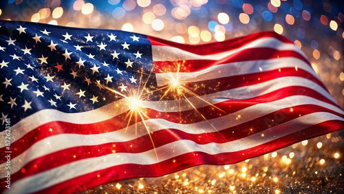 Vibrant stars and stripes majestically floating on a dazzling, shimmering background, epitomizing American pride and freedom in a sparkling, celebratory atmosphere.