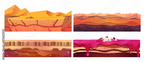Subterranean layered ground section for game level ui design. Cartoon vector set of cut soil platform with sand and dry land, lava and sweet candyland surface. Seamless floor landscape formation.