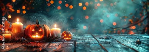 Carved Pumpkins and Candles on Rustic Wooden Table for Halloween Night