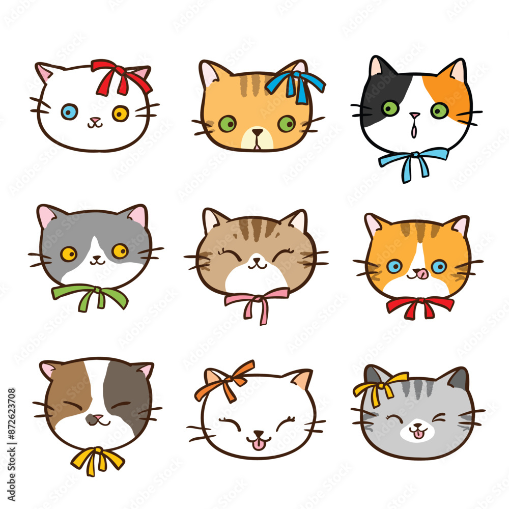 Vector Illustration of Cute Cartoon Cat Head Characters on Isolated Background Vector Illustration of Cute Cartoon Cat Head Characters on Isolated Background