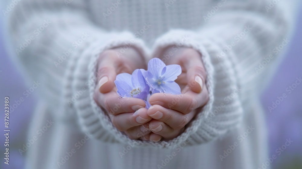 Full bloom bluebell in hands, front view against a soft-focus meadow backdrop, gentle morning light, represent humility, delicate composition. Full bloom bluebell in hands, front view against a soft-focus meadow backdrop, gentle morning light, represent humility, delicate composition.