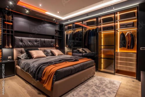 Luxury interior of a bedroom with a bed and wardrobe. © Inigo