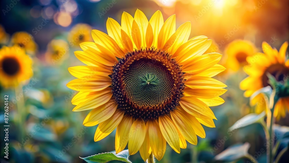 Fototapeta premium Vibrant yellow petals of a large sunflower set against a blue sky with warm sunlight highlighting its delicate texture.