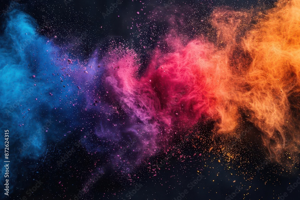 Abstract splashes of colorful powder on a black background with large empty areas for copy space, perfect for festival promotions. Abstract splashes of colorful powder on a black background with large empty areas for copy space, perfect for festival promotions.