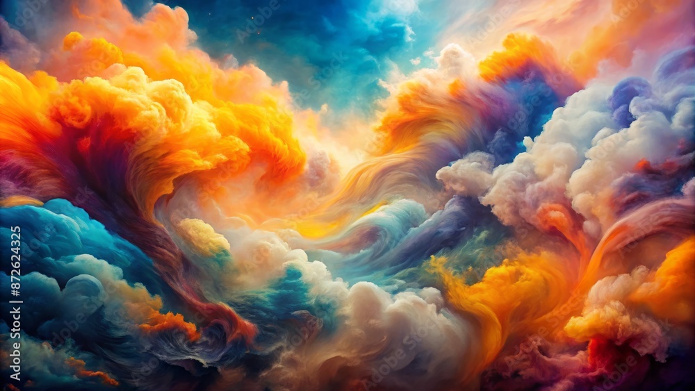 Vibrant, dreamy abstract banner featuring swirling white and orange clouds, radiant rainbow hues, and mesmerizing smoke-like textures. Vibrant, dreamy abstract banner featuring swirling white and orange clouds, radiant rainbow hues, and mesmerizing smoke-like textures.
