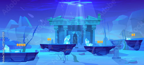 Underwater landscape with antique temple and game platforms. Vector cartoon illustration of sea or ocean bottom, ancient palace with cracked marble pillars, coins on floating arcade islands, seaweeds