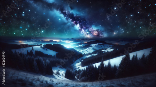 A captivating winter night scene with a clear, star-filled sky above a snowy landscape. 