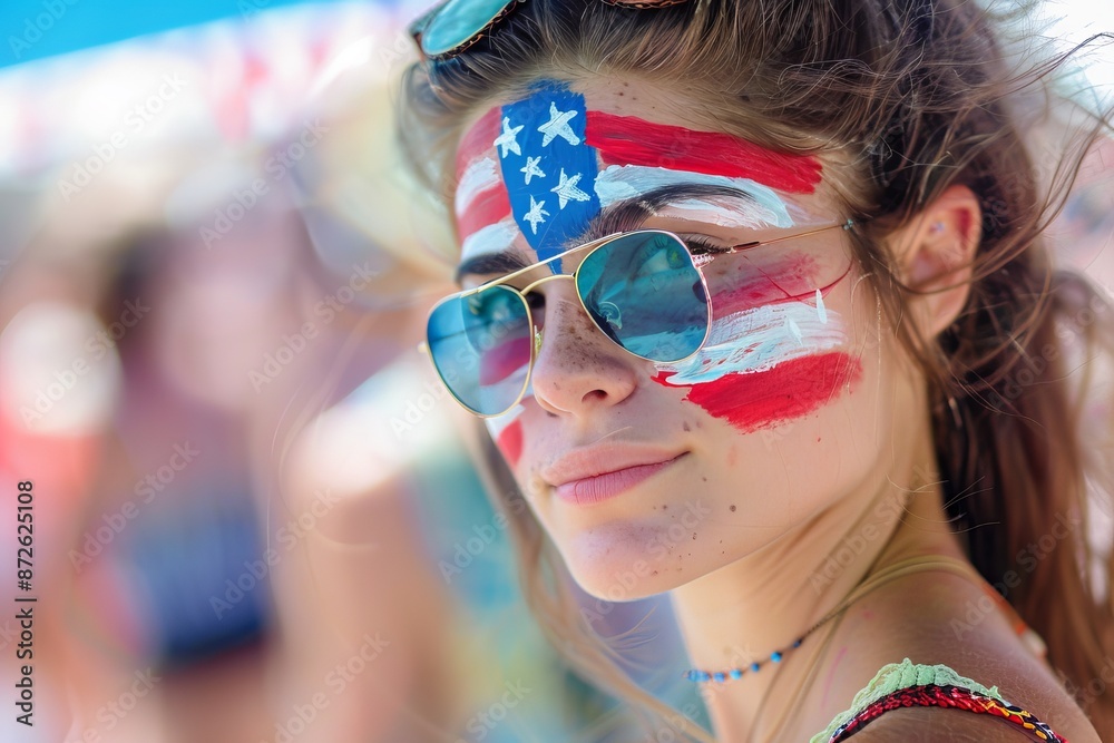 Naklejka premium A woman with the American flag painted on her face at an outdoor festival