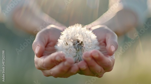 Full bloom dandelion in hands, front view against a soft-focus grassy field backdrop, bright light, represent wishes, whimsical composition.
