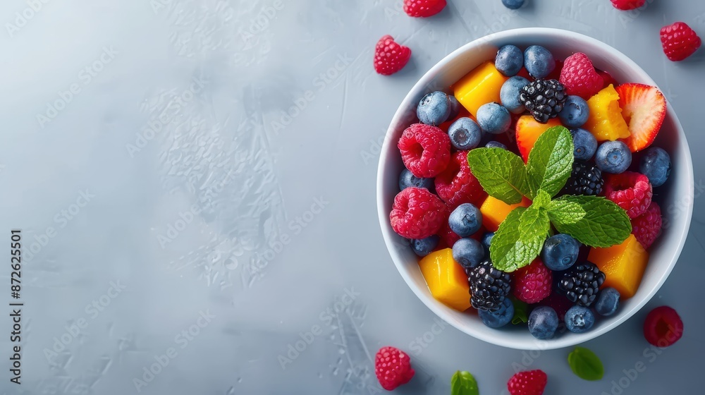 Top view of a bowl filled with fresh assorted berries and fruits on a gray background. Healthy summer dessert or breakfast option. Top view of a bowl filled with fresh assorted berries and fruits on a gray background. Healthy summer dessert or breakfast option.