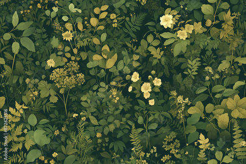 Dense and lush green foliage pattern with various plants and yellow flowers, creating a rich and calming forest-like scene.