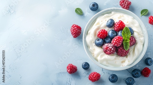 A bowl of creamy yogurt topped with fresh raspberries and blueberries on a light blue background, garnished with mint leaves.