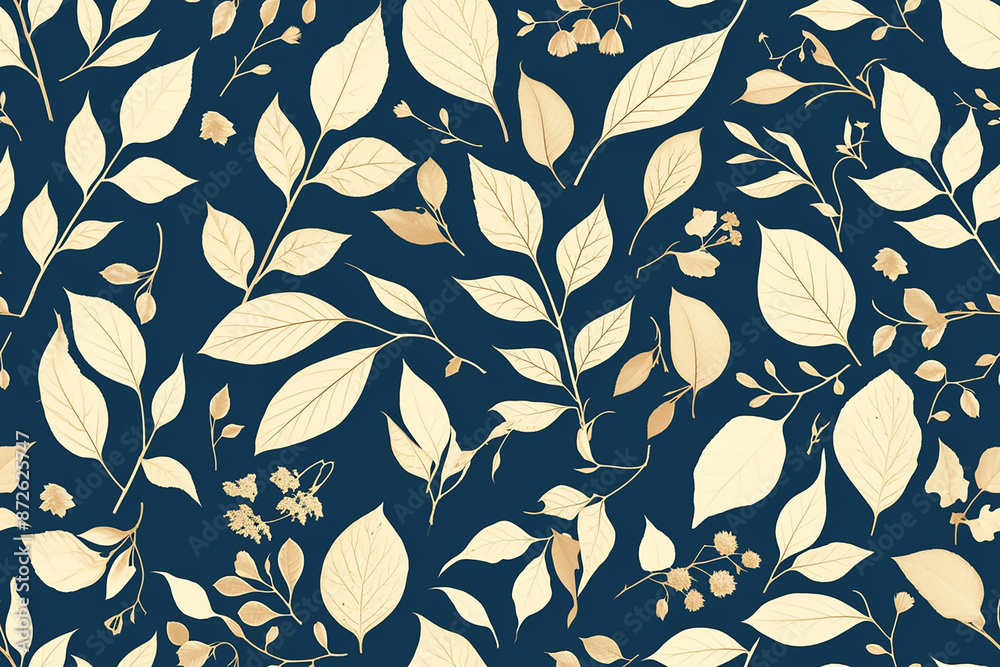 Elegant seamless pattern featuring beige botanical leaves and flowers on a dark blue background. The delicate design evokes a sense of sophistication and natural beauty.