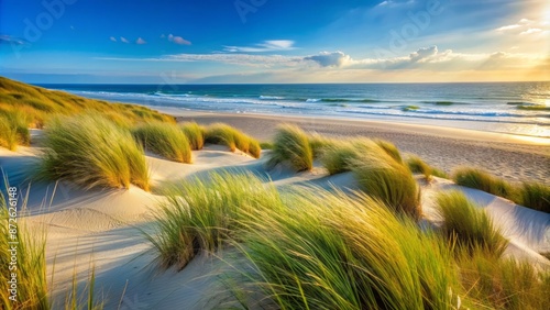 Sandy dunes with marram grass sway gently in the wind on a serene sunny day at Bloemendaal aan Zee beach.