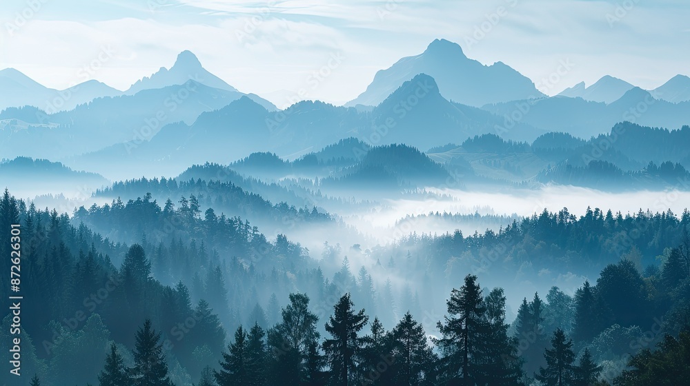 Obraz premium Hazy mountain landscape in morning mist