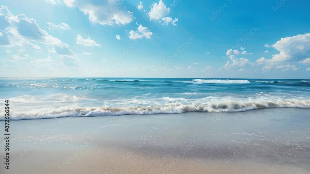 Clear ocean waves gently crashing onto sandy beach under blue sky with scattered clouds