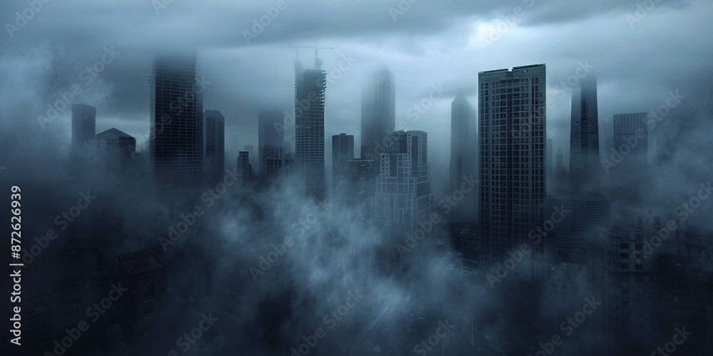 Tall buildings covered in mist in the morning. Tall buildings covered in mist in the morning.