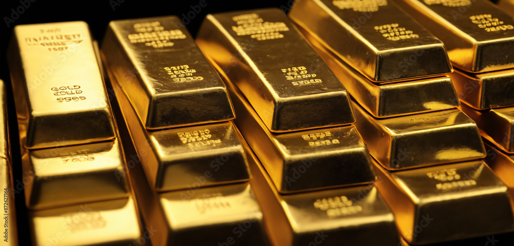 Stacks of pure gold bar on dark background. Large cast investment gold. Stacks of pure gold bar on dark background. Large cast investment gold.