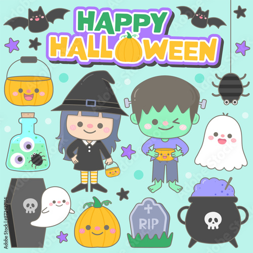 Kid hand drawn cute and colorful happy halloween elements