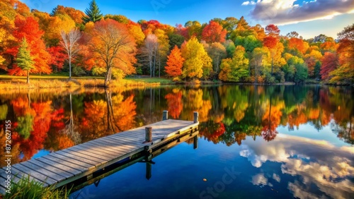 Vibrant autumn colors surround serene lake waters, reflected sunbeams dance across calm surface, surrounded by rustic wooden dock and trees.