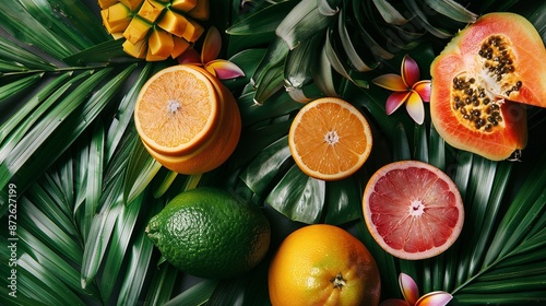 Exotic fruits on a background of tropical leaves.