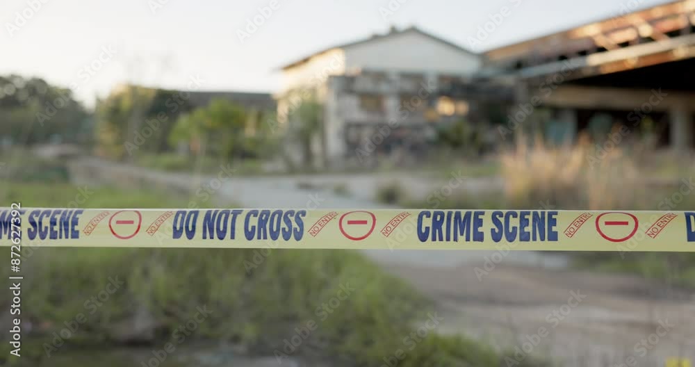 Crime, scene and ribbon with tape for barricade, police crossing or investigation with closure, no entry or evidence on case. Empty or abandon house of mystery with sign for keep out or warning