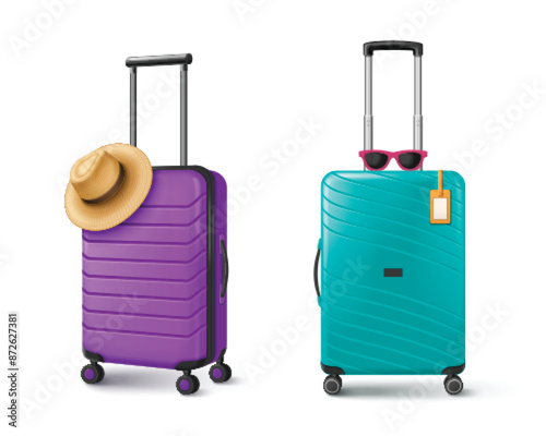 Modern wheel suitcases set isolated on white background. Vector realistic illustration of purple and turquoise plastic luggage, solid rolling bag with metal handle, sunglasses, hat, tourist accessory