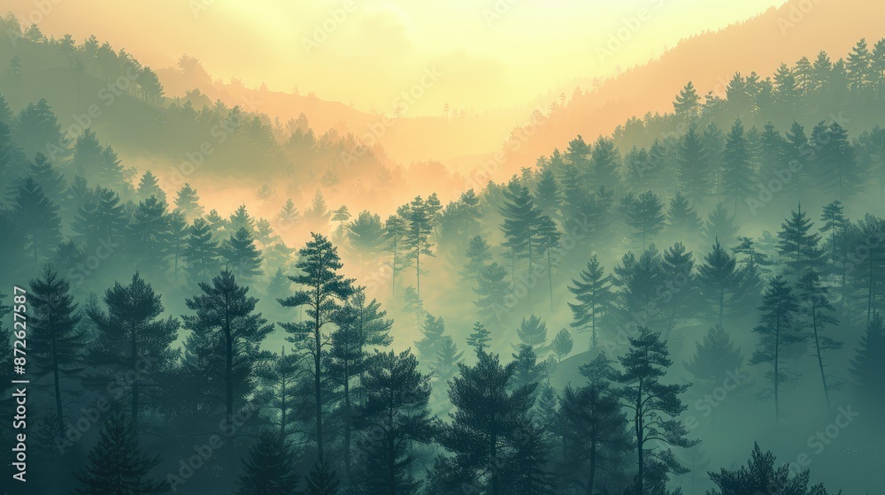Obraz premium Hazy mountain landscape in morning mist