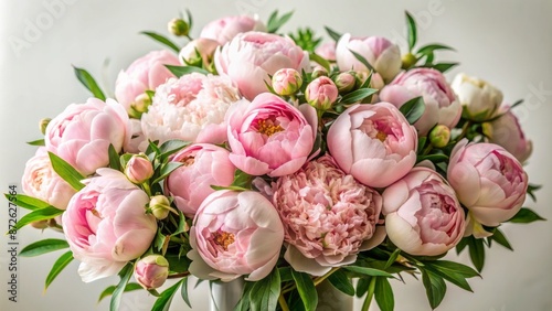 Delicate petals of soft pink peonies arranged in lush bouquet with delicate greenery against a subtle creamy white background.