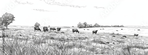 Landscape on a summer agricultural field with cows in a pasture. Sketch illustration.