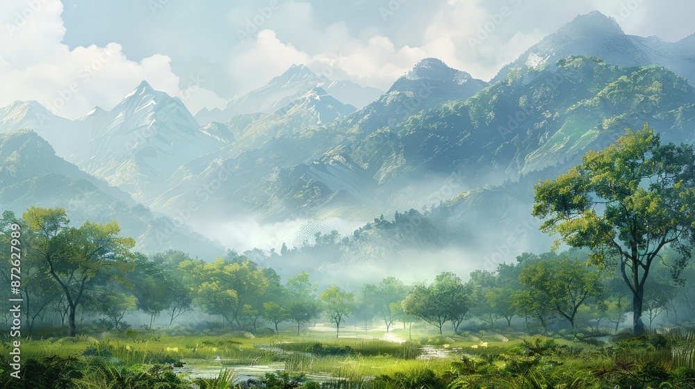 Hazy mountain landscape in morning mist Hazy mountain landscape in morning mist