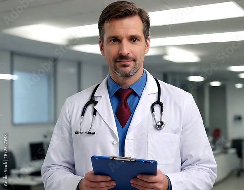 Smiling doctor with strethoscope and holding clipboard