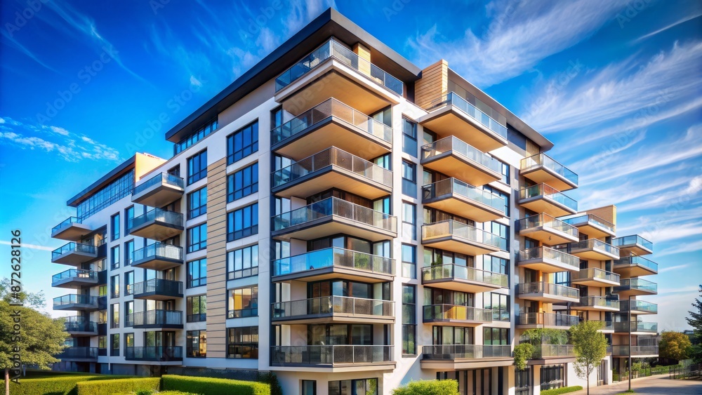 Modern sleek architecture of newly constructed high-rise apartment building with large windows and balconies against a clear blue sky. Modern sleek architecture of newly constructed high-rise apartment building with large windows and balconies against a clear blue sky.