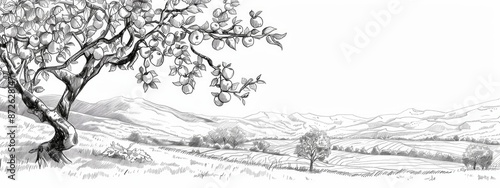 Rural landscape with apple tree branch in the foreground . Sketch illustration.