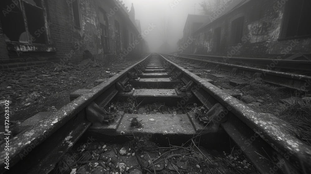 Naklejka premium Abandoned Railway Tracks in Foggy Urban Area - Generative AI