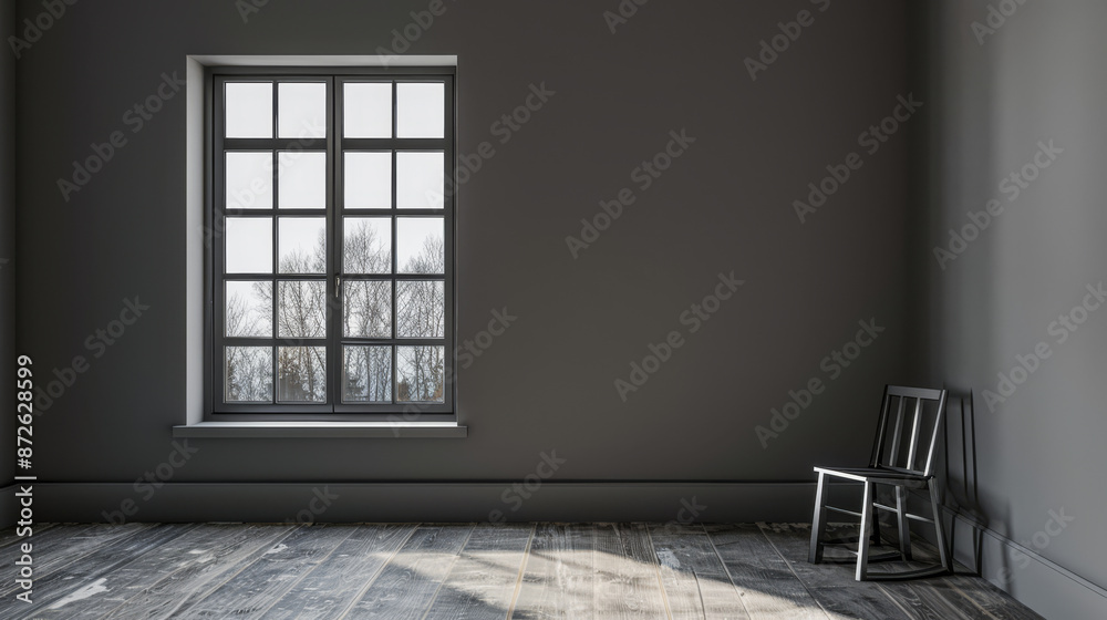 Fototapeta premium Large window in an empty luxurious room with minimal furniture and decor. Interiors designer composition for Real Estate advertising.