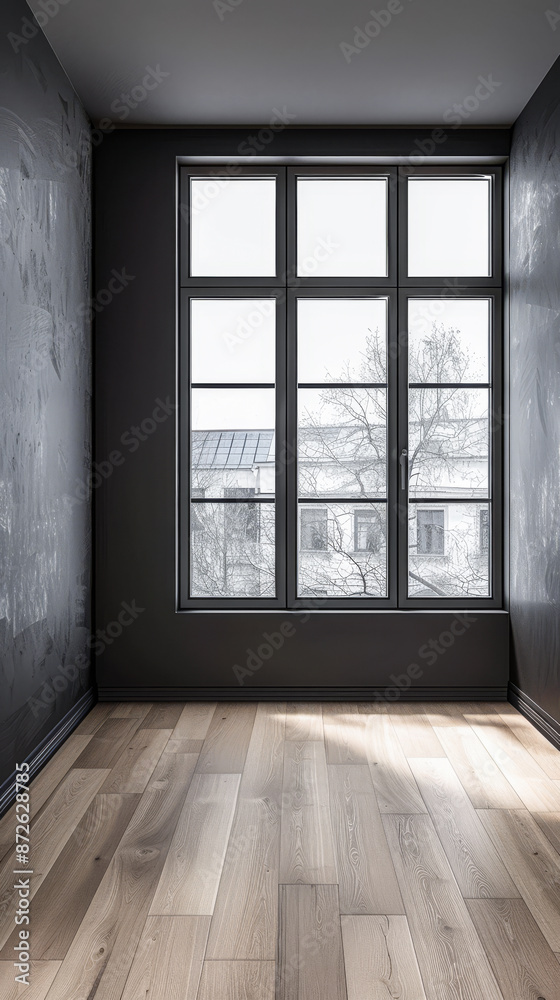 Fototapeta premium Large window in an empty luxurious room with minimal furniture and decor. Interiors designer composition for Real Estate advertising.