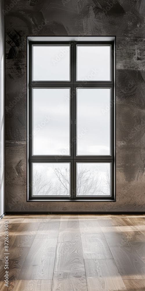 Fototapeta premium Large window in an empty luxurious room with minimal furniture and decor. Interiors designer composition for Real Estate advertising.
