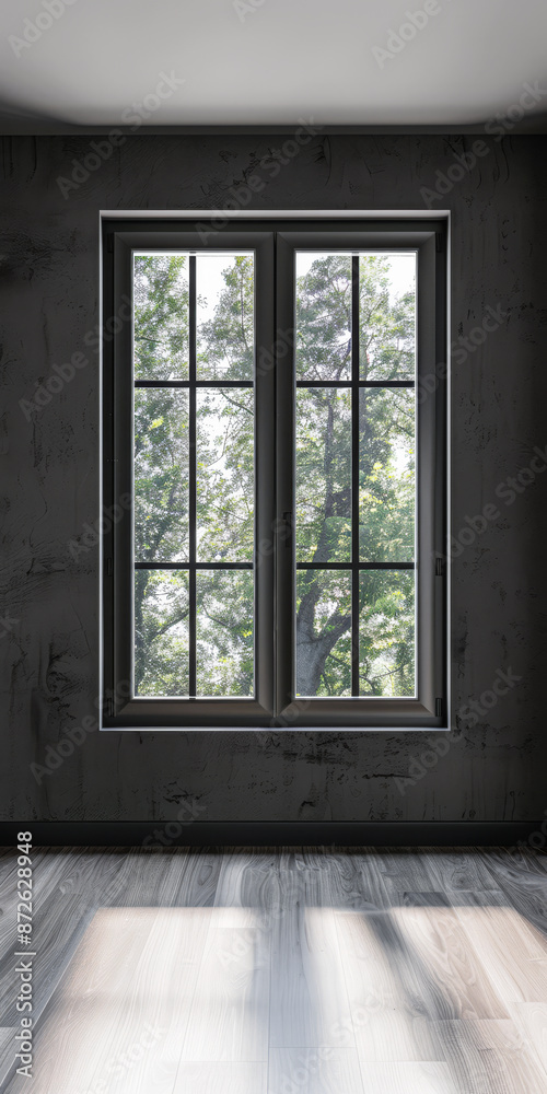 Large window in an empty luxurious room with minimal furniture and decor. Interiors designer composition for Real Estate advertising. Large window in an empty luxurious room with minimal furniture and decor. Interiors designer composition for Real Estate advertising.