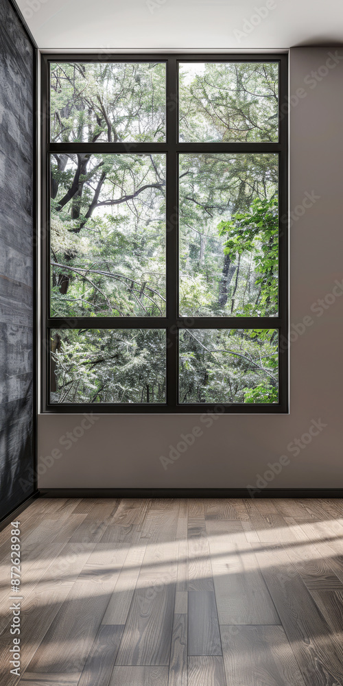 Fototapeta premium Large window in an empty luxurious room with minimal furniture and decor. Interiors designer composition for Real Estate advertising.