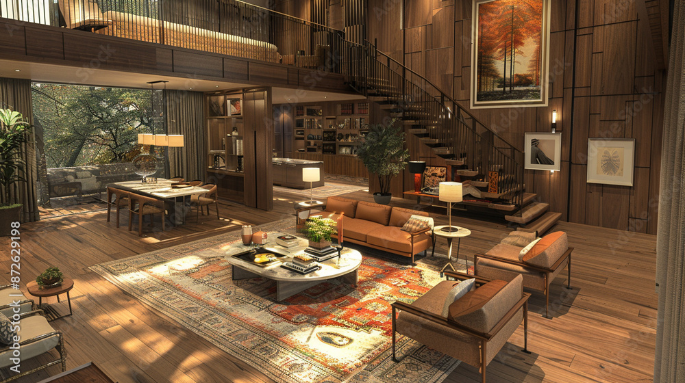 Obraz premium Rustic living room with wooden furniture, a cozy fireplace, and a warm atmosphere.
