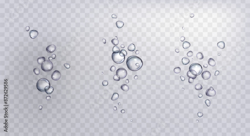 Underwater fizzy bubbles set isolated on transparent background. Vector realistic illustration of air fizz effect in clear water, sparkling soda drink, aquarium liquid flow, splash design elements