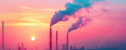 Pink Sunset with Industrial Smoke Stacks.