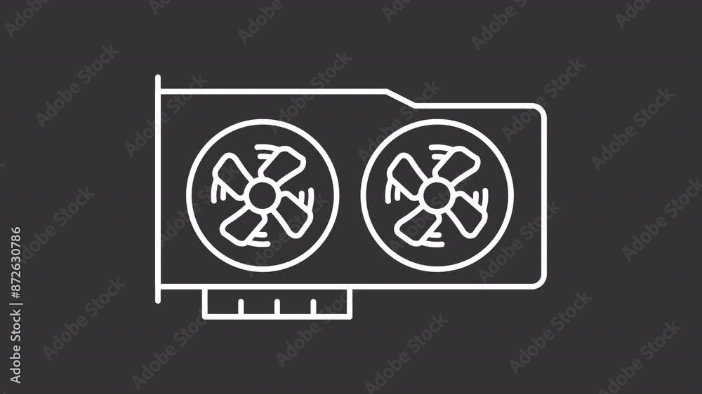 Animated graphics card white icon. Computer gpu line animation. Spinning fan ventilators, rotors. Pc hardware. Isolated illustration on dark background. Transition alpha video. Motion graphic